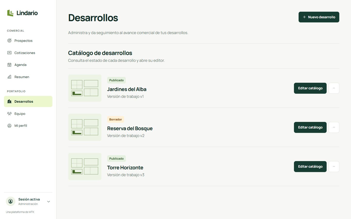 Catálogo de desarrollos de Lindario con tres proyectos inmobiliarios
